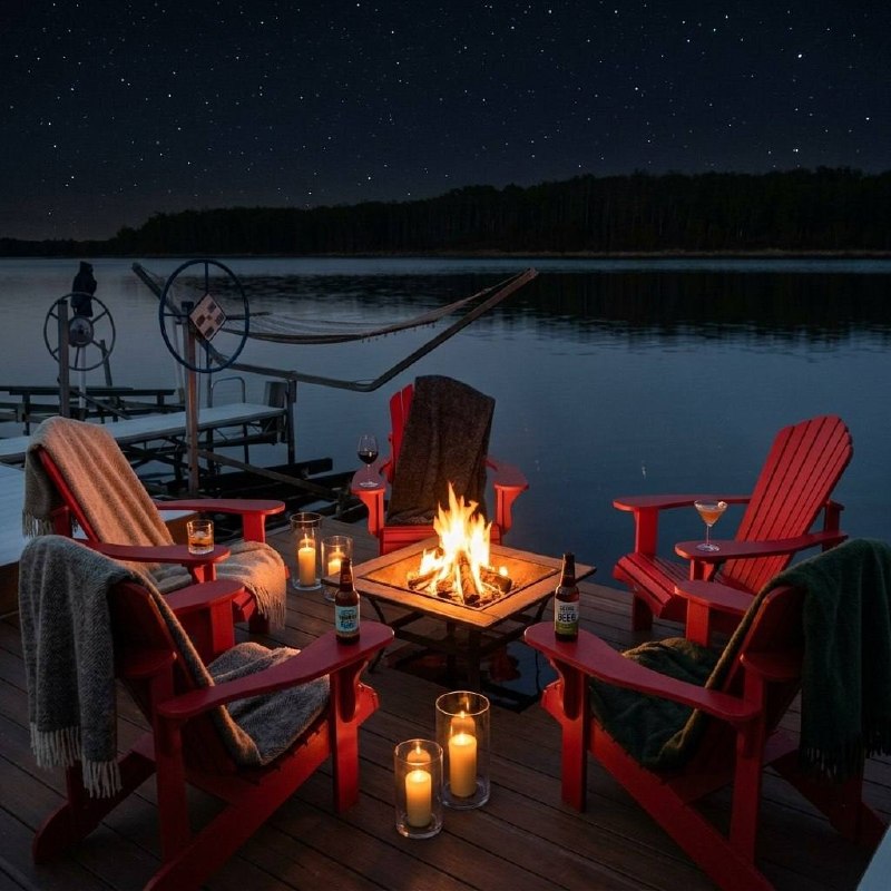 Night fire on the dock under the stars