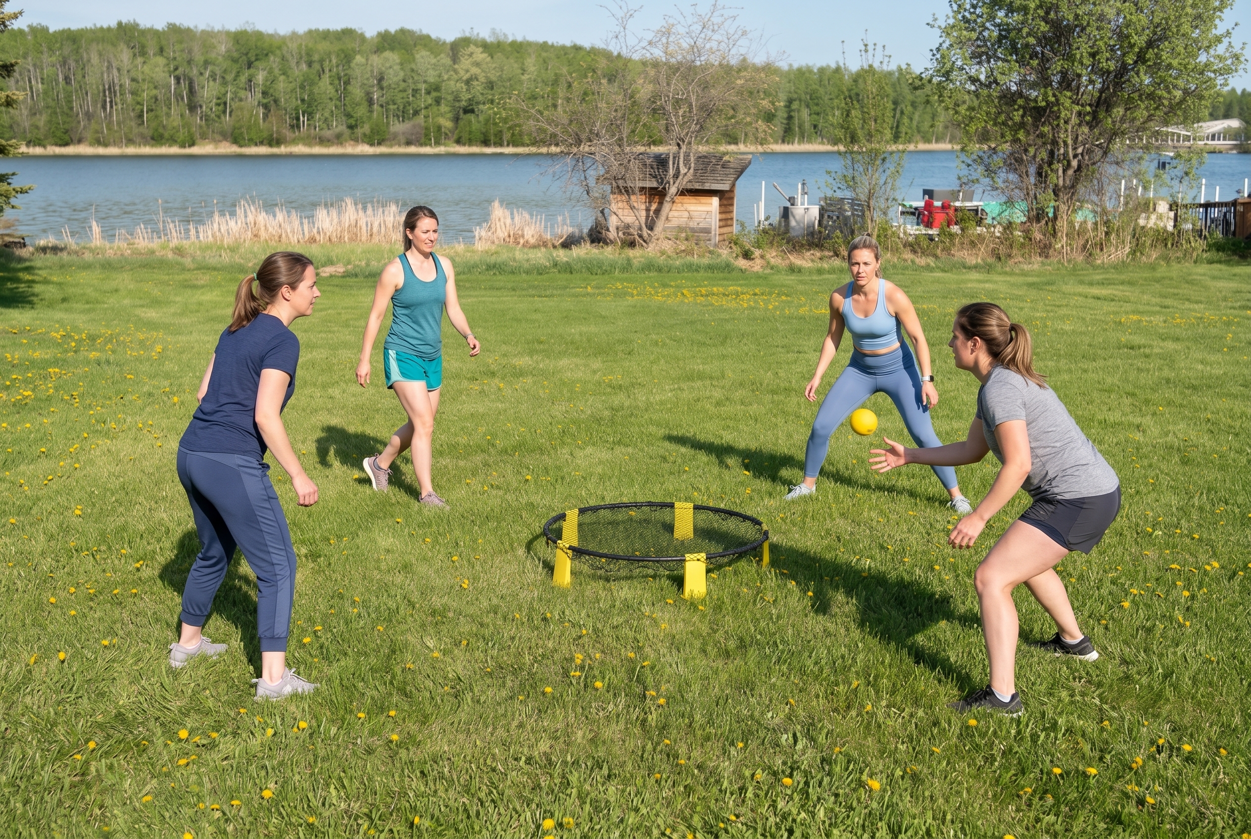 Women playing spikeball at Lost Lake Resort