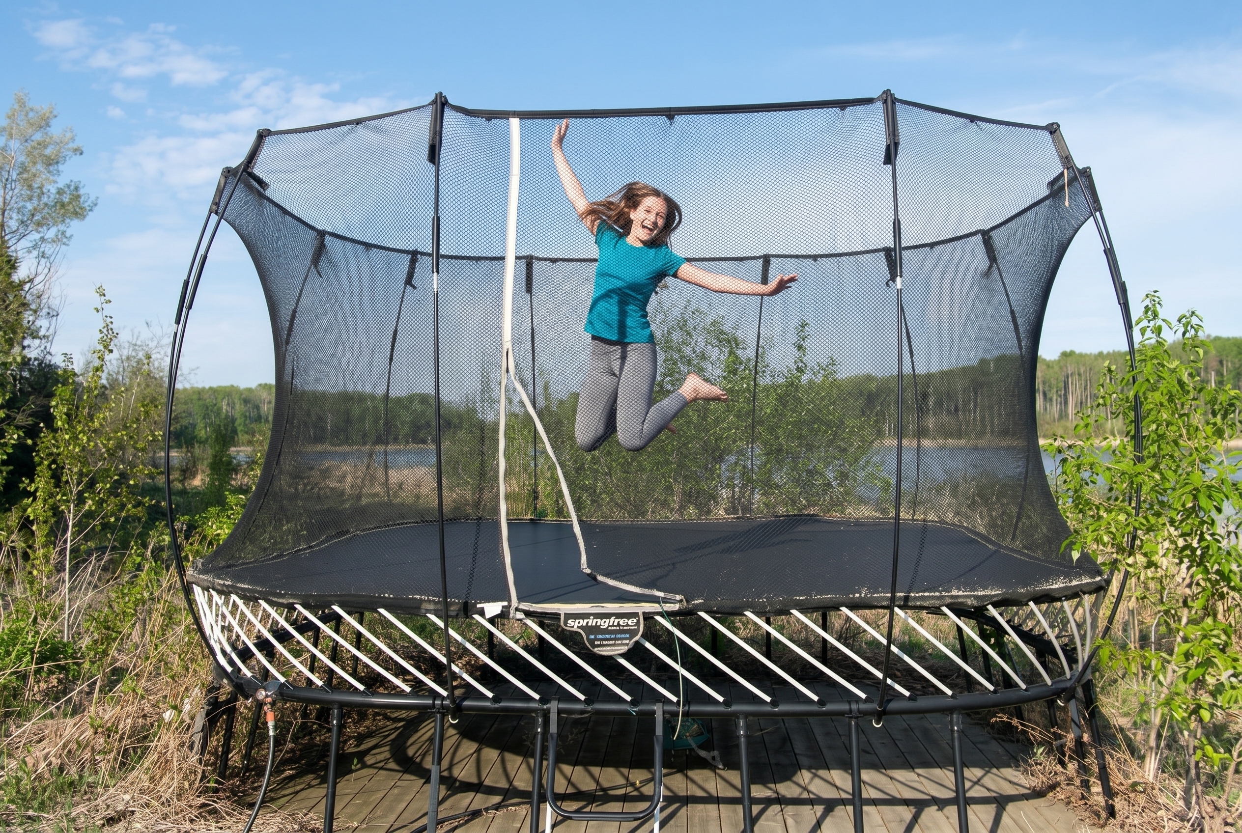 Teen jumping on the trampoline at Lost Lake Resort