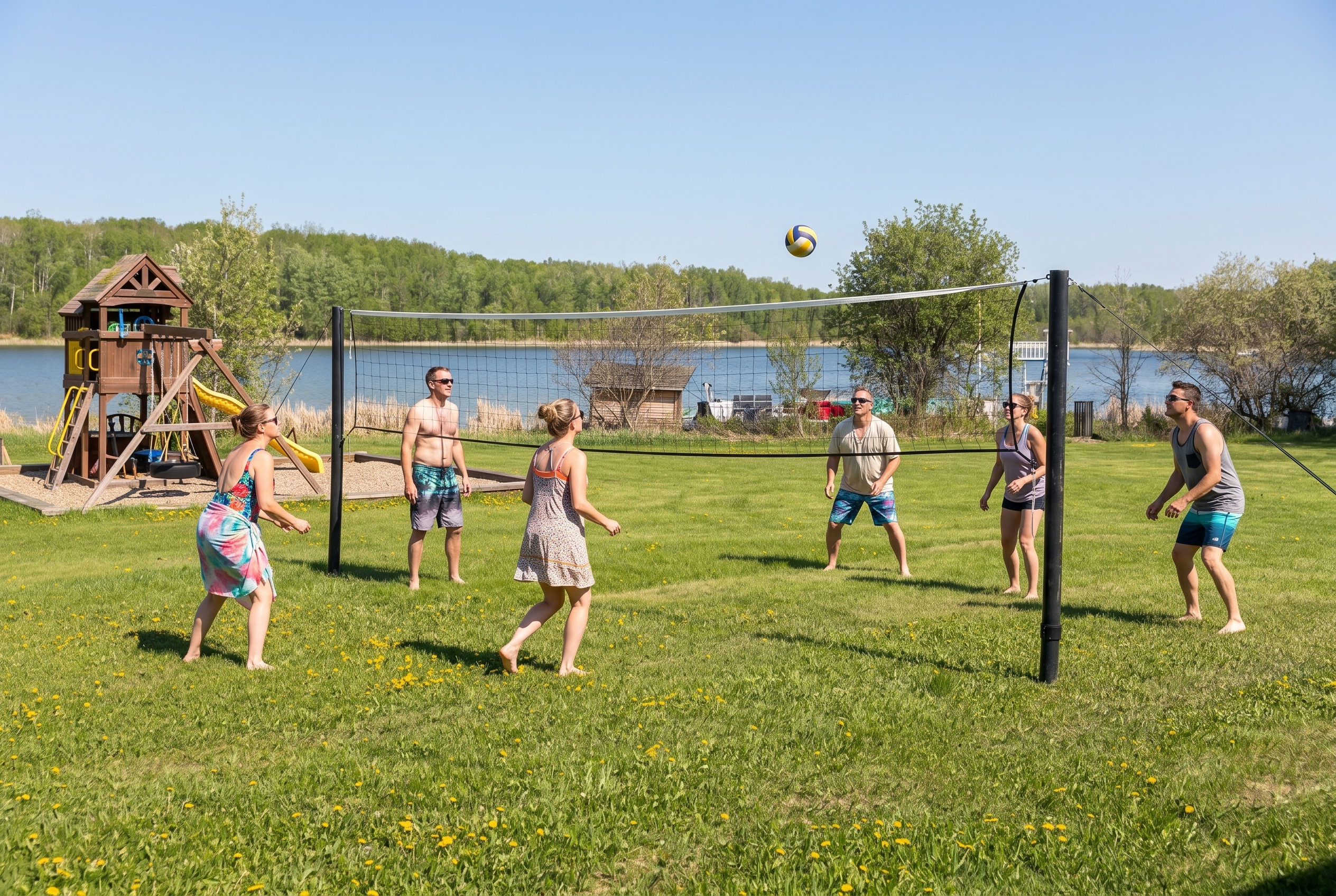 Adults playing volleyball at Lost Lake Resort